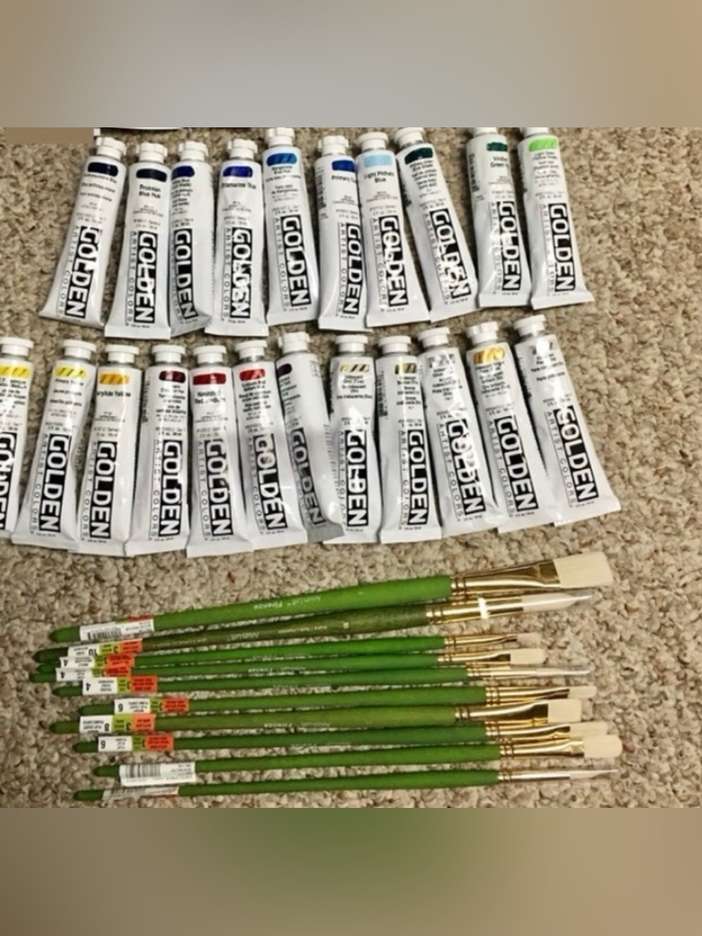 New Golden acrylic heavy body paint lot of 22, 10 level 3 acrylic paintbrush’s